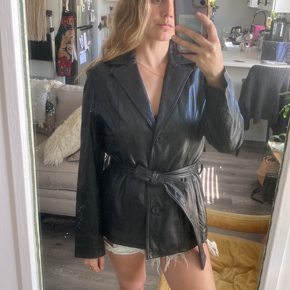 Vintage Leather Blazer Jacket Belted Removable Insulation Black size Medium - Picture 4 of 12